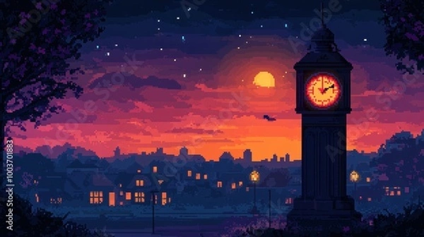 Fototapeta Sunset Scene with Clock Tower in Pixel Art Style