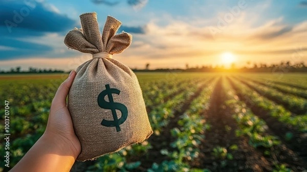 Fototapeta A hand holds a burlap sack with a dollar sign on it in front of a field of crops at sunset.