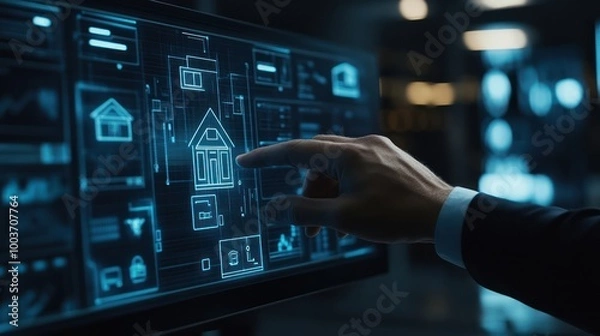 Fototapeta A hand in a suit interacts with a digital interface showing a house schematic.