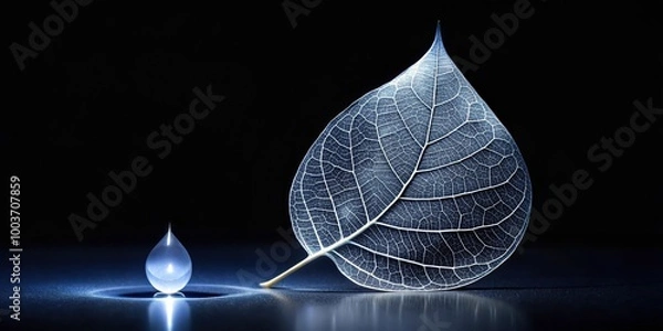 Fototapeta White glowing leaf and water drop on black background