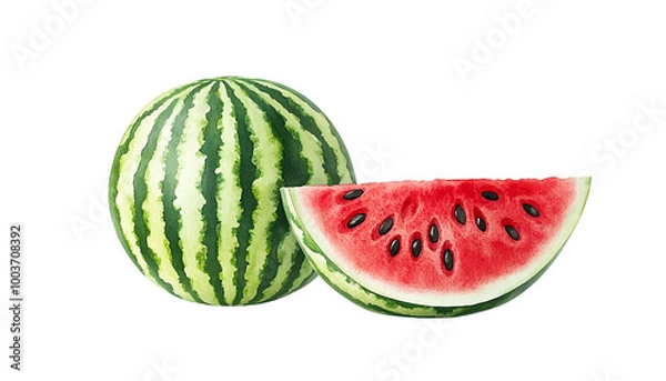 Obraz Fresh watermelon, one whole and one cut in half, showcasing vibrant green stripes and juicy red flesh, ideal for summer recipes and healthy snacks, isolated on white background.