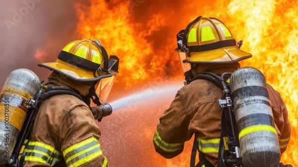 Fototapeta Firefighters spraying water into the heart of a fire, with intense flames and smoke erupting from the building