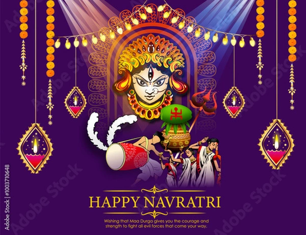 Fototapeta Illustration of Goddess Maa Durga in Happy Dussehra Navratri background Template Design celebrated in Hindu Religion and festival of happy durga puja