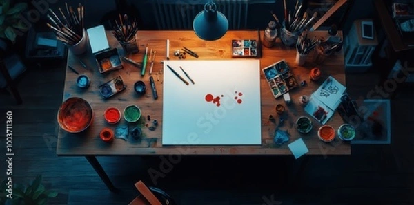 Fototapeta A creative workspace featuring a wooden desk with art supplies, paint pots, and a blank canvas under a warm light.