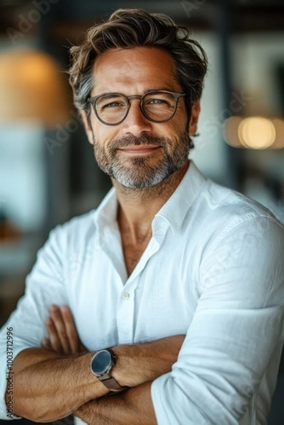 Obraz Confident and handsome businessman in a white shirt smiling with arms crossed in a modern office setting