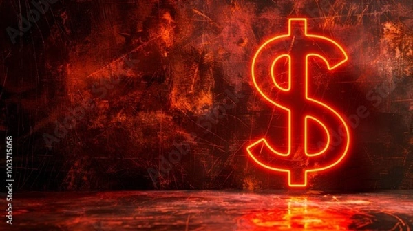 Fototapeta Dollar sign neon on dark background, copy space
