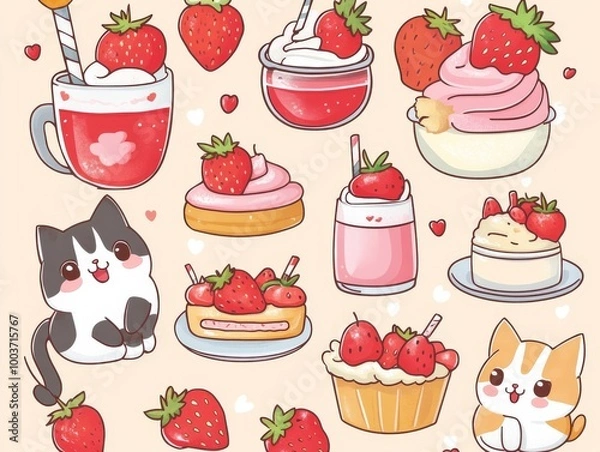 Obraz 2408 23.Sweet cats and desserts: A charming collection of little cats with strawberry-themed desserts, milkshakes, and fruit treats. The kawaii design style and bright, cheerful colors make this set