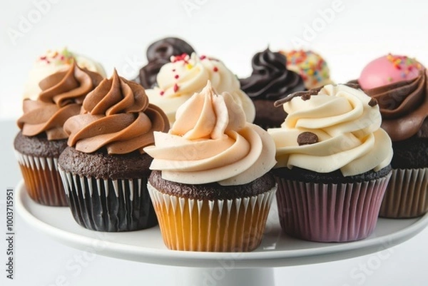 Fototapeta Close-up of assorted colorful sweet cupcakes on white cake stand. Various tasty treats arranged on pedestal, isolated background. Creamy frosting, decorations, sprinkles add visual interest. Perfect