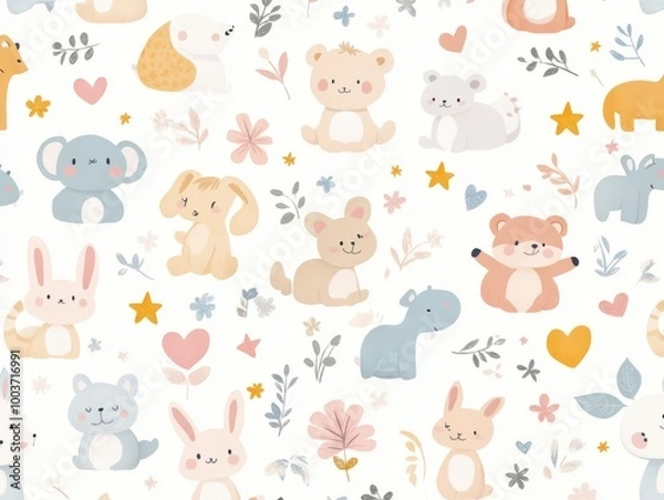 Fototapeta 2408 51.A seamless pattern featuring cute baby animals such as bunnies, bears, elephants, and foxes, all illustrated in a soft pastel color palette. The animals are arranged in a playful, repetitive