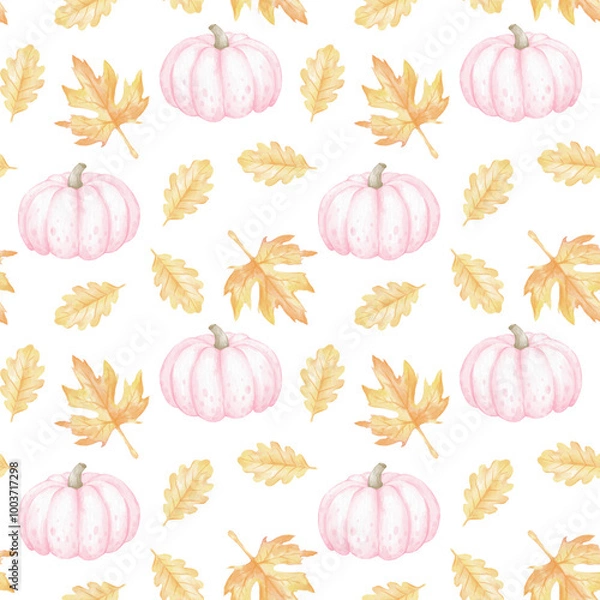 Fototapeta Pink pumpkins, oak and maple leaves. Watercolor seamless pattern on white background for textile and wrapping paper. Cute illustration in pastel colors