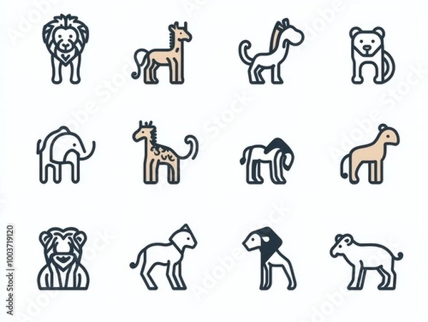 Fototapeta 2408 106.A trendy collection of 20 minimal wild animal icons, including a monkey, giraffe, elephant, lion, and more. The vector illustrations feature sleek lines and simple shapes, ideal for web