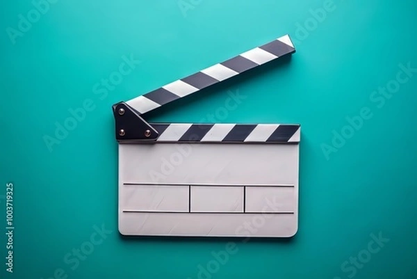 Fototapeta Top view of open white clapperboard over turquoise blue background, centrally composed, blank acrylic filmmaking tool, awaiting script details, ready to start movie production.