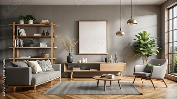 Fototapeta Modern Scandinavian living room interior features sleek gray walls, minimalist decor, and a large mock up poster frame on a wooden shelf, showcasing a blank space.