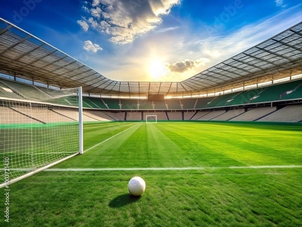 Fototapeta A serene and deserted soccer stadium with a lone white ball sitting on the lush green grass field, surrounded by empty seats and goalposts.