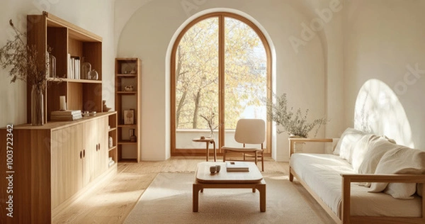 Fototapeta A minimalist living room with light wood floors, white walls, and an arched window.