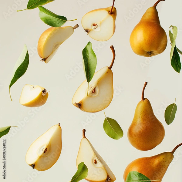Fototapeta Pear with half slices falling, on white background