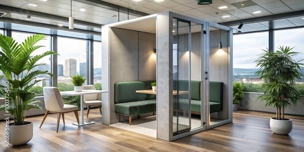Fototapeta Modern acoustic phone booth with sound-absorbing walls and comfortable seating for private conversations and video conferencing in a quiet, distraction-free environment.