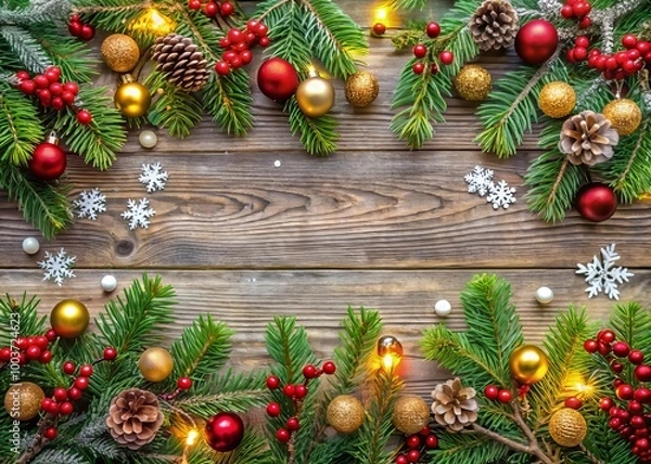 Fototapeta Vibrant winter border featuring decorated Christmas branches with ornaments, garlands, and pinecones, creating a festive holiday atmosphere with colorful ornaments and snowflakes.