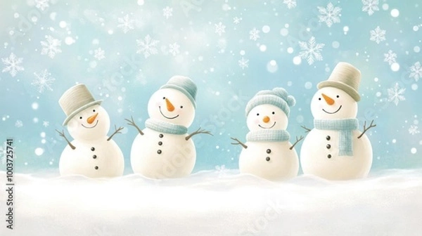 Obraz Four cheerful snowmen in warm hats and scarves stand playfully in a snowy landscape against a serene winter backdrop.