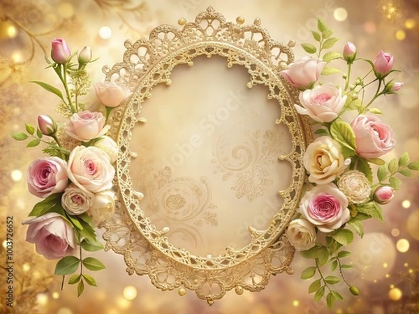 Fototapeta Retro elegant frame with ornate golden details and soft focus background, surrounded by delicate flowers and lace, evoking a sense of classic feminine beauty.
