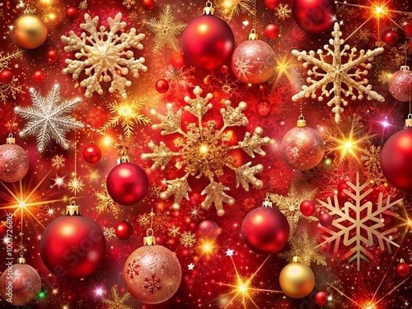 Fototapeta Vibrant red Christmas background featuring intricately designed snowflakes, shimmering glitters, colorful baubles, and twinkling lights, exuding festive warmth and holiday cheer.