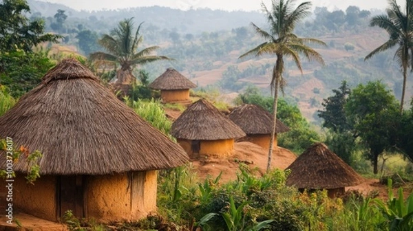 Fototapeta A beautiful village scene showcasing vernacular architecture with traditional thatched roofs and mud walls