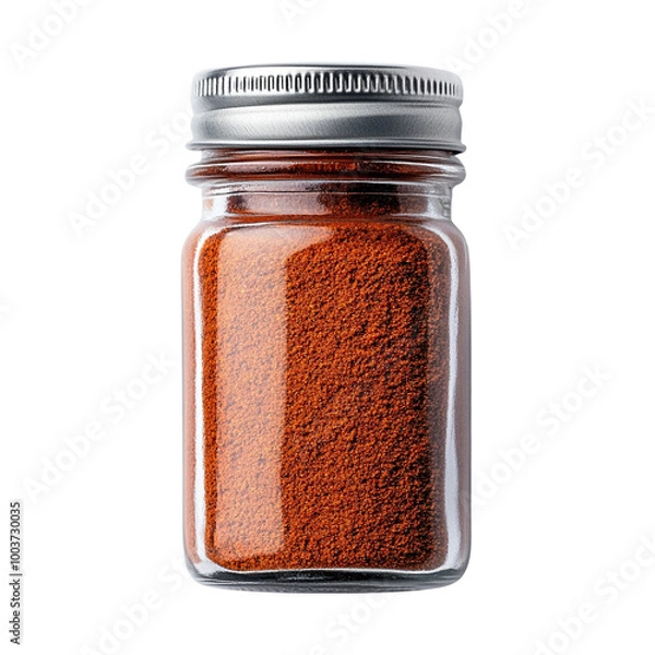 Fototapeta Glass jar filled with vibrant red paprika spice on a white isolated background.