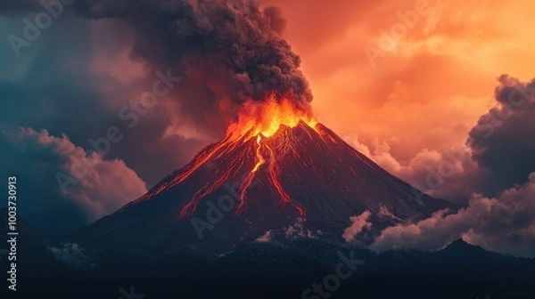 Fototapeta A volcano with a large fire spewing out of it