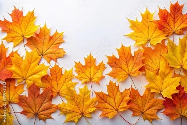Obraz Vibrant orange and yellow maple leaves arranged artfully on a clean white background, perfect for adding text, with ample negative space for design flexibility.