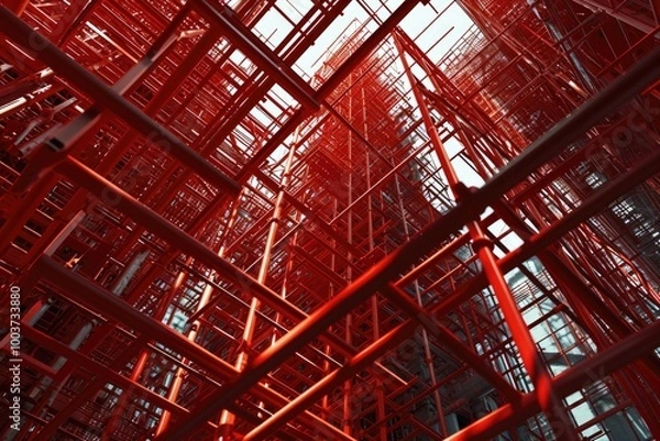 Fototapeta 3D Red Scaffolding in Construction Site. Computer Graphic Illustration of Cut-Out Wood Shapes for Construction Industry Development.