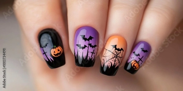 Fototapeta A hand with purple and black nails with a spider web design and a bat design. The nails are painted in a gradient of purple and black