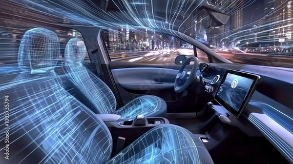 Fototapeta Interno di un'auto futuristica con tecnologia avanzata, rete digitale e design virtuale. Guida autonoma nella città notturna, dove innovazione e velocità si fondono.
