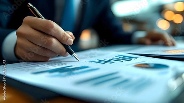 Fototapeta Close-up of a Hand Holding a Pen Pointing at a Bar Graph on a Financial Report