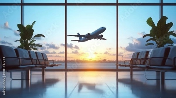 Fototapeta Modern Airport Waiting Area with Airplane View