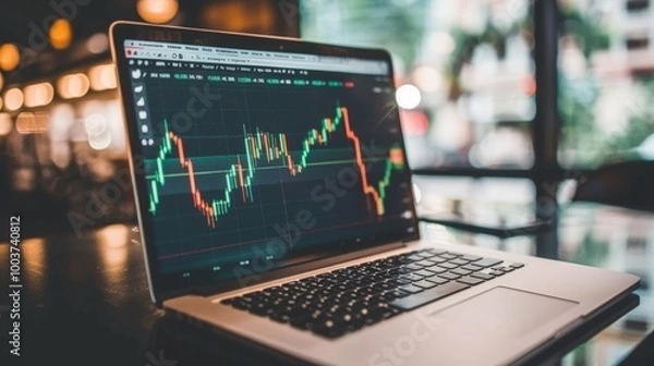 Obraz Trading Chart on Laptop with Blurred Background