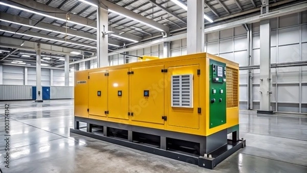 Obraz A standalone diesel generator set with fuel tank and control panel, prepared for emergency power supply, sits on a concrete floor in a bright interior space.