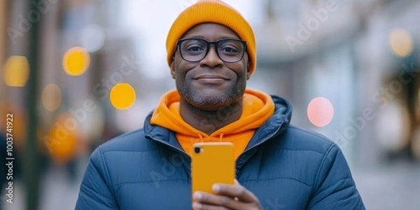 Fototapeta A black man in his thirties wearing glasses and an orange hoodie, with dark blue jacket is holding phone to make video call on the street