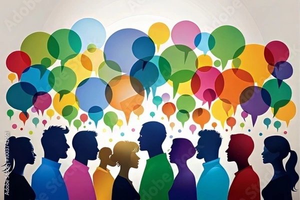 Fototapeta Diverse colorful thinking and speech bubbles surrounding a panoramic banner of silhouetted community members' heads, representing dynamic team collaboration and effective communication.