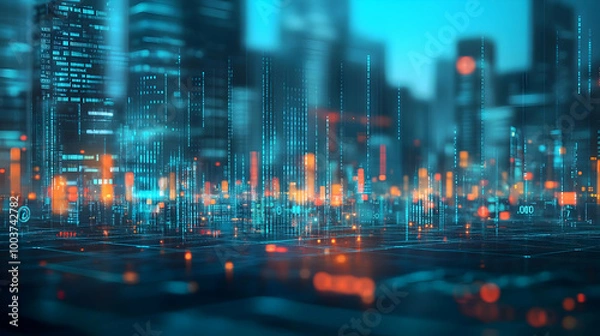 Fototapeta Abstract Digital Cityscape with Glowing Lines and Data Visualizations