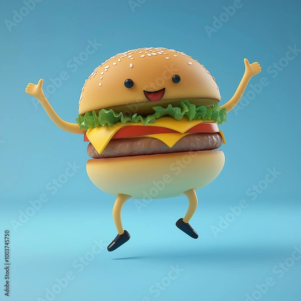 Fototapeta 3D rendering of a dancing burger for burger ads