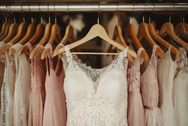 Fototapeta An enchanting collection of white wedding dresses hangs neatly on wooden hangers in a rustic boutique. Soft light filters through the window, highlighting intricate lace and elegant designs.