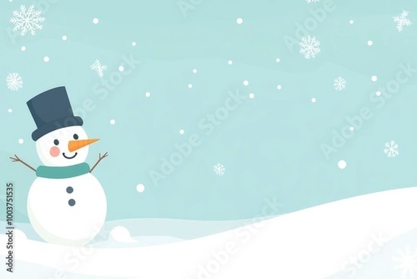 Fototapeta A snow covered landscape with a snowman in the foreground. The snowman is wearing a hat and scarf and has a smile on his face. Concept of winter wonder and joy
