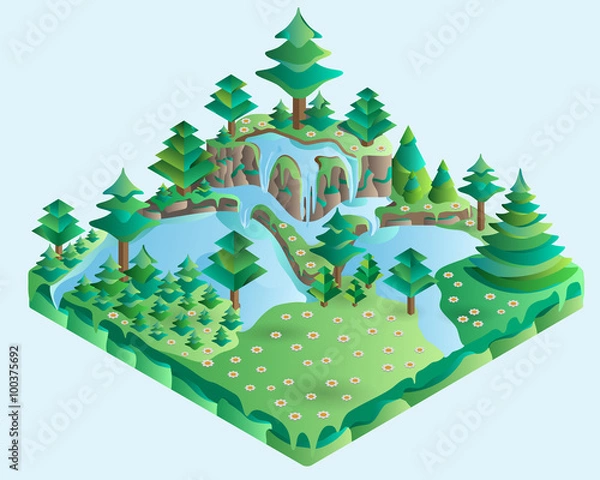 Obraz 3d isometric design nature landscape illustration with forest, hills,rocks, waterfall, spruces, flowers  and meadow. Vector.