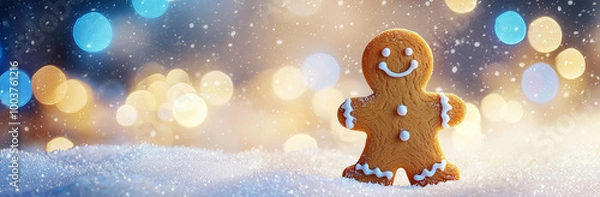 Fototapeta A gingerbread man cookie is standing on the snow with blurred background of blue bokeh lights and snowflakes