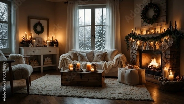 Fototapeta A cozy Christmas space with decorations and gifts set in a warm winter environment.