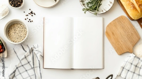 Fototapeta Blank Cookbook on a White Tabletop