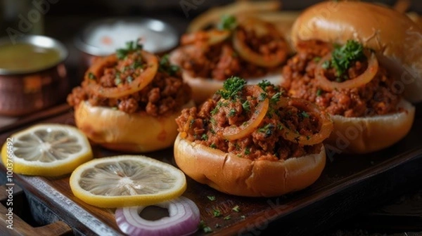 Fototapeta Traditional kheema pav with onion rings and lemon slices q