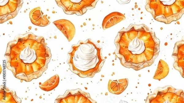 Fototapeta Pumpkin pie with whipped cream topping on white background, drawing pattern