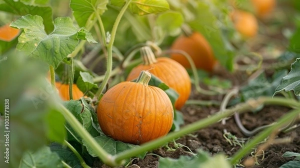 Obraz A close-up of pumpkins growing on the vine, with rich green leaves