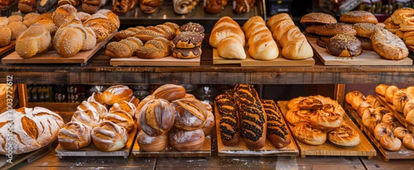 Fototapeta Variety of bread on old wooden board background. Local bakery display of fresh pastry products.